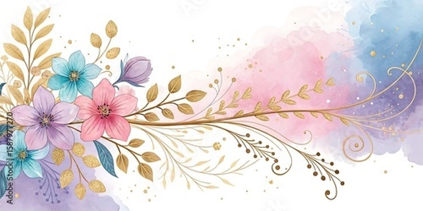 Fototapeta Luxurious golden floral banner with shiny flowers and twigs, featuring watercolor pink, blue, and lilac spots on a white background, elegant vector wallpaper perfect for invitations and branding