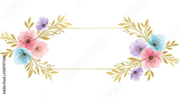 Fototapeta Luxurious golden floral banner with shiny flowers and twigs, featuring watercolor pink, blue, and lilac spots on a white background, elegant vector wallpaper perfect for invitations and branding