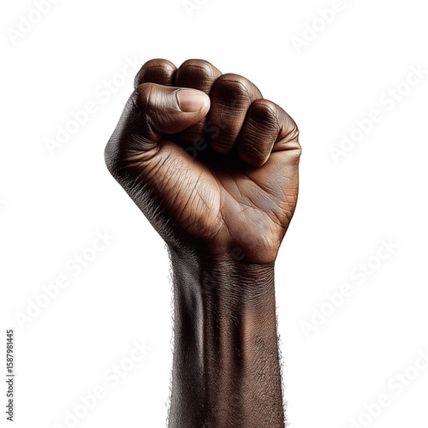 Obraz A powerful clenched fist of African descent isolated on a white background, symbolizing strength, resilience, and determination. The hand is captured in sharp detail, highlighting the skin texture.