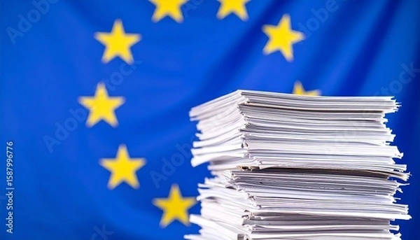 Fototapeta Stack of documents in front of an EU flag