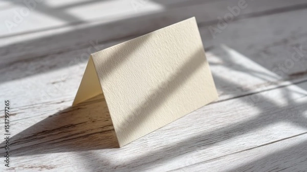 Fototapeta Minimalist beige triangular card propped on weathered wooden surface with textured appearance, soft sunlight casting warm shadows, serene and inviting atmosphere.