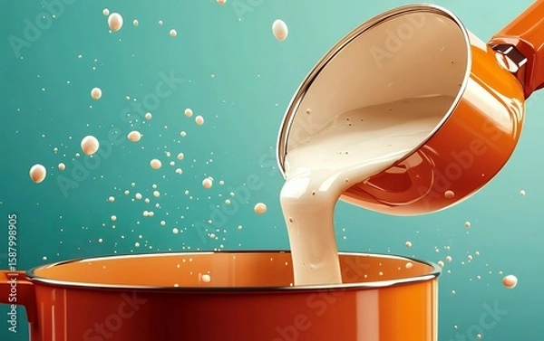 Fototapeta A dynamic splash of cream being poured into an orange pot, captured mid-air against a teal background