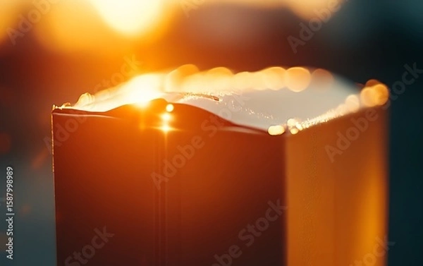 Fototapeta A close-up of a book's edge illuminated by the warm glow of a golden sunrise, creating a serene atmosphere