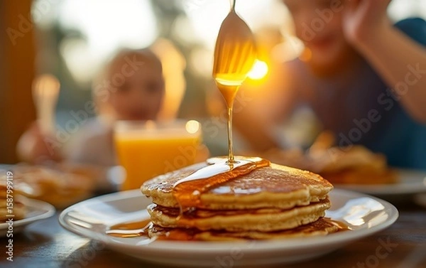 Fototapeta Fluffy pancakes drizzled with maple syrup, capturing the warmth of a sunrise breakfast setting