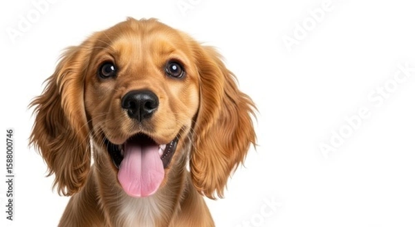 Fototapeta Adorable golden cocker spaniel puppy with tongue out on white background