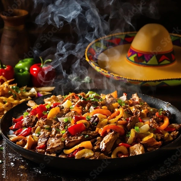 Fototapeta Sizzling Fajitas with Peppers and Onions Authentic Mexican Food