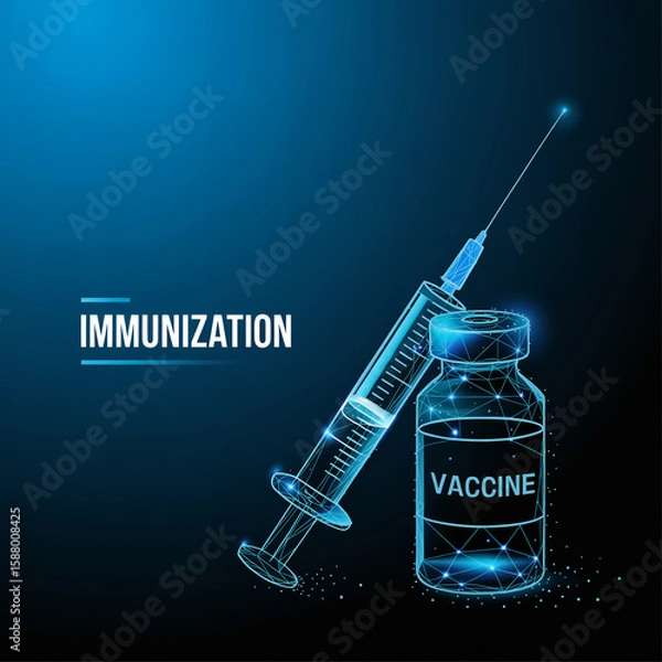 Obraz A digital medical illustration of a vaccine vial and syringe rendered in a futuristic wireframe style against a deep blue gradie.
