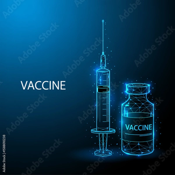 Obraz A digital medical illustration of a vaccine vial and syringe rendered in a futuristic wireframe style against a deep blue gradie.