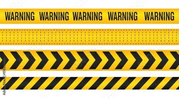Fototapeta Collection of yellow and black warning and hazard tapes with different patterns
