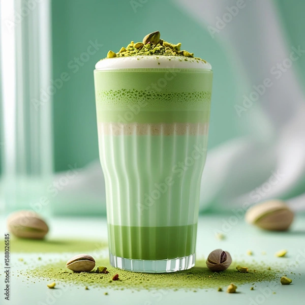 Fototapeta Iced Matcha Latte with Pistachio Topping – Refreshing Green Tea Drink in Glass Cup with Nuts on Green Background