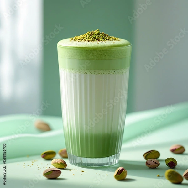 Fototapeta Iced Matcha Latte with Pistachio Topping – Refreshing Green Tea Drink in Glass Cup with Nuts on Green Background