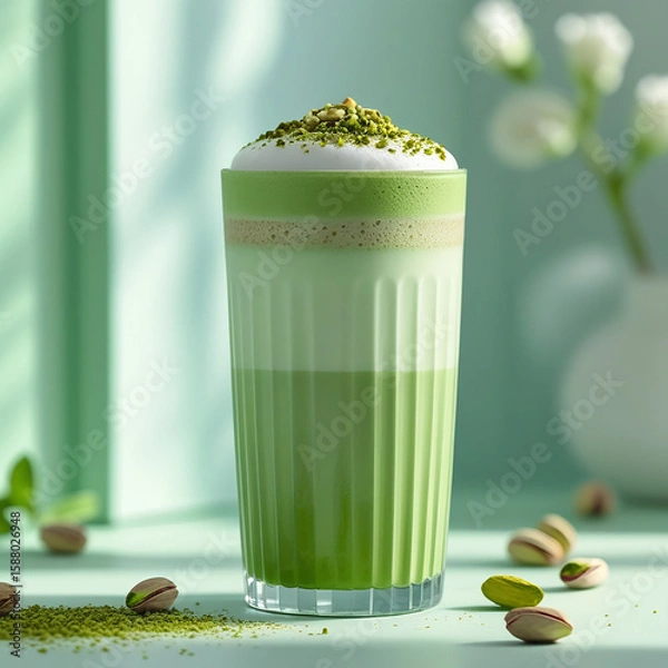 Fototapeta Iced Matcha Latte with Pistachio Topping – Refreshing Green Tea Drink in Glass Cup with Nuts on Green Background
