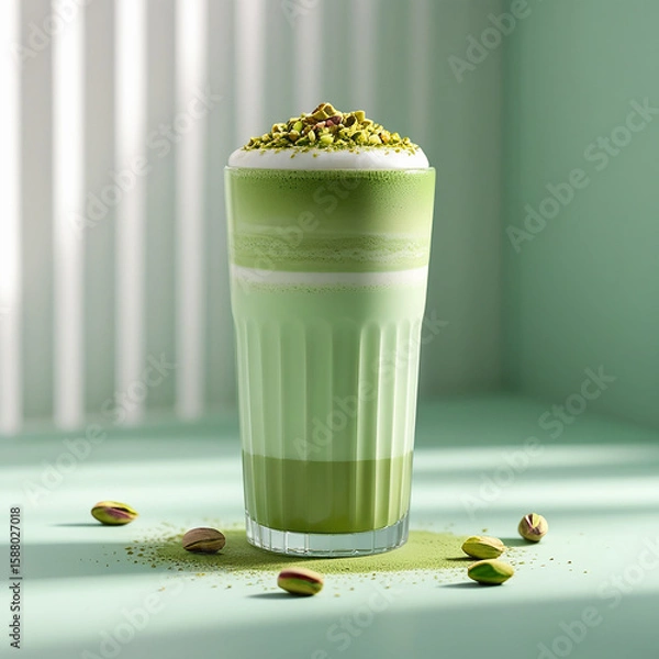 Obraz Iced Matcha Latte with Pistachio Topping – Refreshing Green Tea Drink in Glass Cup with Nuts on Green Background