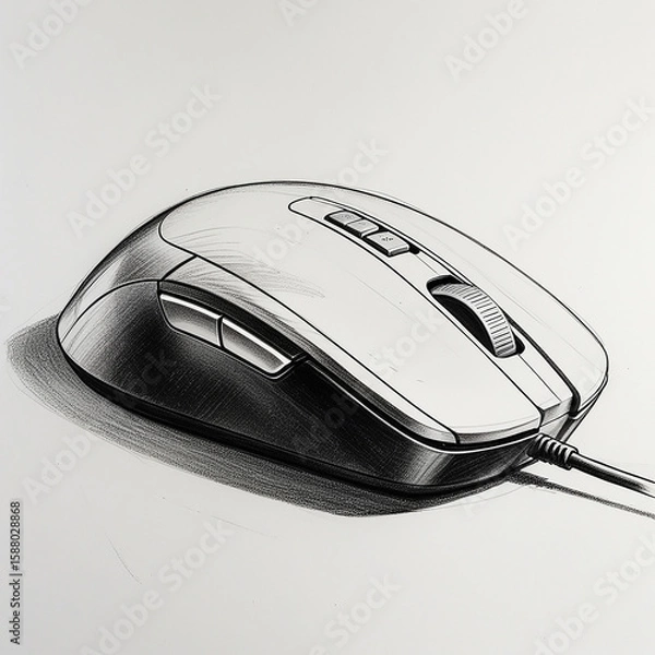 Fototapeta Hand Drawn Computer Mouse Illustration – Realistic Wired Mouse Sketch on White Background