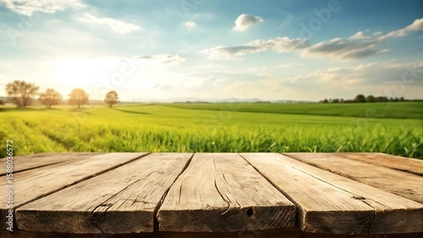 Obraz Rustic Wooden Table with Green Field

