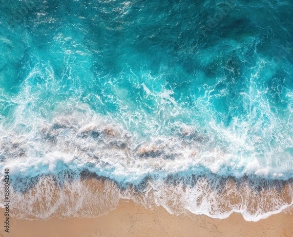 Fototapeta High-angle view of turquoise waves crashing on light beige sand