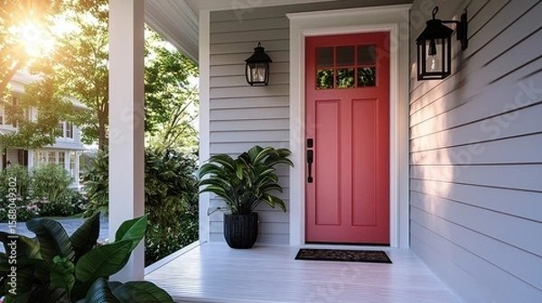 Fototapeta A welcoming front porch featuring a bright red door, lush greenery, and warm sunlight in a suburban setting