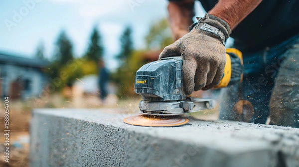 Fototapeta Construction worker using an angle grinder to cut concrete block with sparks flying