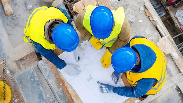 Fototapeta Construction workers in hard hats and safety vests reviewing blueprints on a job site