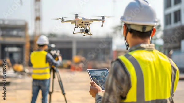 Fototapeta Construction worker operates drone using tablet at building site