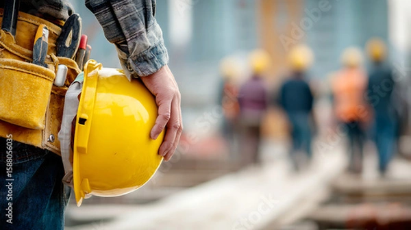 Fototapeta Construction worker holding yellow hard hat with tools on belt and blurred workers in background