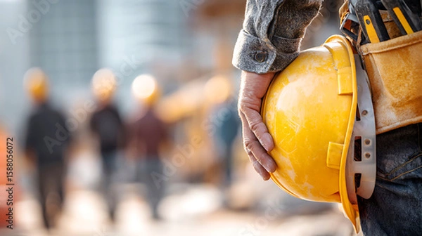 Fototapeta Construction worker holding a yellow hard hat with colleagues in the background