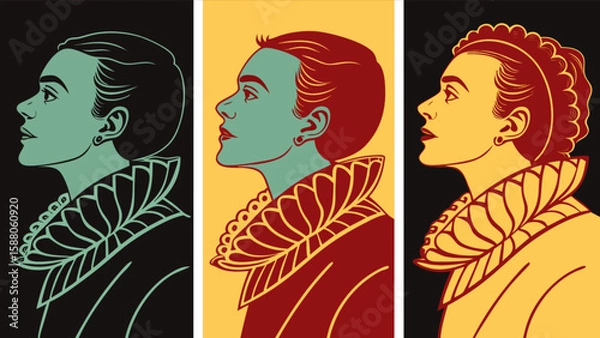 Fototapeta Vintage pop art portrait of elizabethan woman with ruff collar in retro color block style illustration