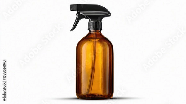 Fototapeta Eco friendly amber glass spray bottle with black trigger nozzle ideal for household cleaning or cosmetic applications displayed on white background