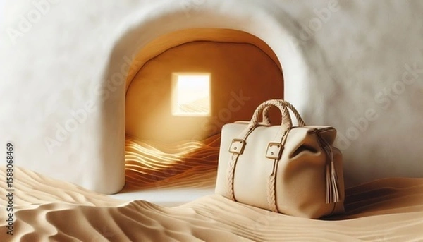 Fototapeta Desert minimal hut stucco white interior tiny slit window golden