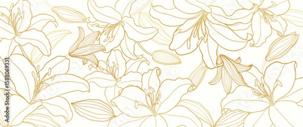 Fototapeta Gold Flower hand drawn on white background vector. Natural botanical elegant lily floral with gold line art. Luxury illustration for decoration, wall decor, wallpaper, cover, banner, package, card.