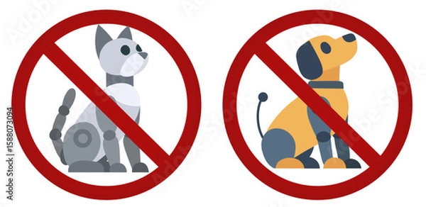 Fototapeta Vector collection of prohibition signs with robots dog and cat. Collection of forbidden stickers with cybernetic animals. Do not touch or pet robots