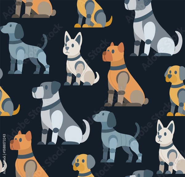 Fototapeta Vector seamless pattern with robot dogs of different breeds on dark background. Texture with technological pets. Background with animals cyborg for wrapping paper
