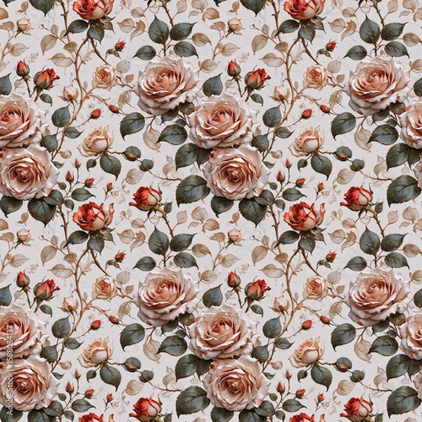 Fototapeta Seamless floral pattern with elegant oil painting roses. A beautiful, timeless botanical pattern perfect for textiles, backdrops and arts and crafts