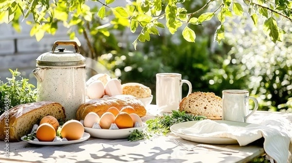 Obraz Delicious breakfast with eggs and bread served on table in blooming summer garden