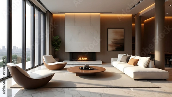 Fototapeta A luxurious and spacious living room with designer furniture, marble floors, and panoramic windows in a modern, minimalistic style.