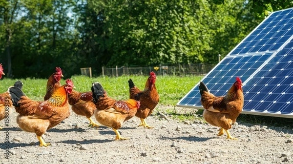 Obraz Free range chickens walking near solar panel in sustainable farm