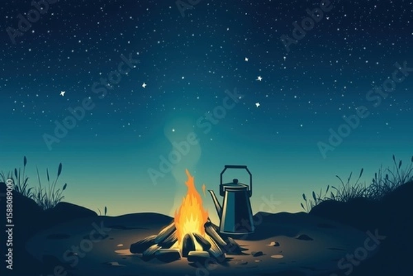 Fototapeta Art illustration minimalist shot of a campfire with a pot of coffee brewing over the flames.