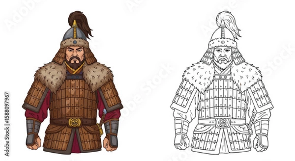 Fototapeta Mongol General Coloring Page with Colored and Outline Depiction Historical Military Figure