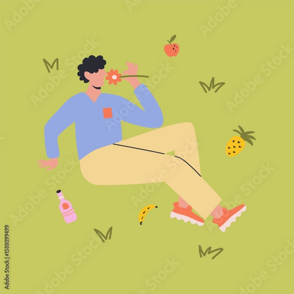 Fototapeta Man is relaxing in park on picnic. Male resting outdoors lying on green grass. Lunch break, time for yourself. Isolated flat vector illustration.
