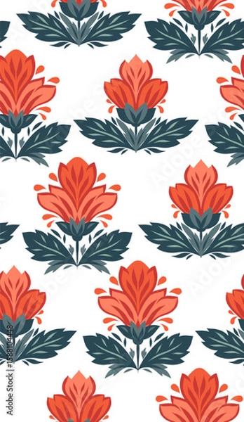 Fototapeta Vector seamless pattern with decorative flowers in row. Texture with stylized red flowers on white background. Summer floral backdrop for wallpaper and wrapping paper