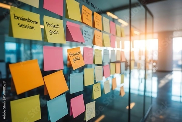 Fototapeta Colorful sticky notes with handwritten project goals and brainstorm session ideas attached to a glass wall in a modern office with sunlight
