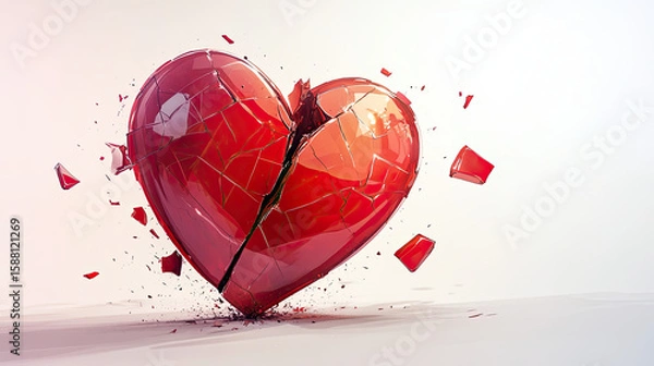 Fototapeta A shattered red heart with fragments flying off against a light background symbolizing heartbreak