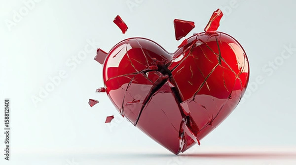 Fototapeta A shattered red heart with fragments scattered around it on a white background in studio lighting