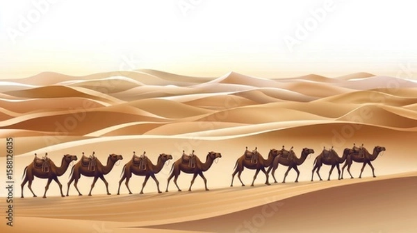 Fototapeta A caravan of camels traversing golden sand dunes under a serene sky at sunset