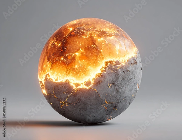 Fototapeta Destructive energy radiates from sphere. Half fire, half stone. Symbolizes destruction, power, change, transition. Ideal for sci-fi, disaster, marketing, website.