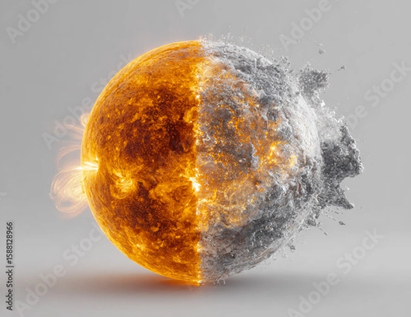Fototapeta Half sun half frozen planet. Concept: Climate change, global warming. For marketing, web use, design, editorial.
