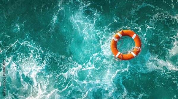 Fototapeta Aerial view of an orange and white life preserver floating on turquoise ocean water with waves visible