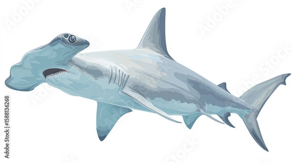 Fototapeta Illustration of a hammerhead shark swimming with its distinctive head shape and gray and white coloring