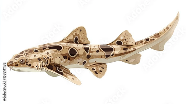 Fototapeta Illustration of a leopard shark with brown spots and fins on a white background in side view