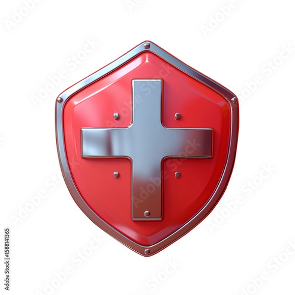 Fototapeta 3D shield icon with cross symbol, health insurance concept, matte surface